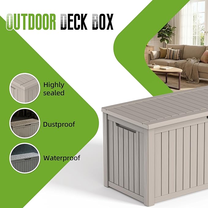 200 Gallon Outdoor Storage Deck Box Waterproof Resin Lockable Outside Bench Porch Patio Furniture Pool Float Garden Tool Cushion UV Resistant Bin Beige