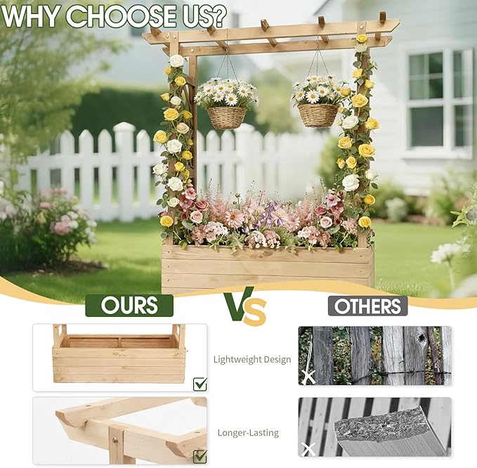 Outvita Raised Garden Bed with Trellis, Wood Planter Box with Hanging Roof, Side Trellis and Drainage Holes, Above Ground Elevated Garden Bed for Outdoor Climbing Plants Vegetables (Natural Wood)