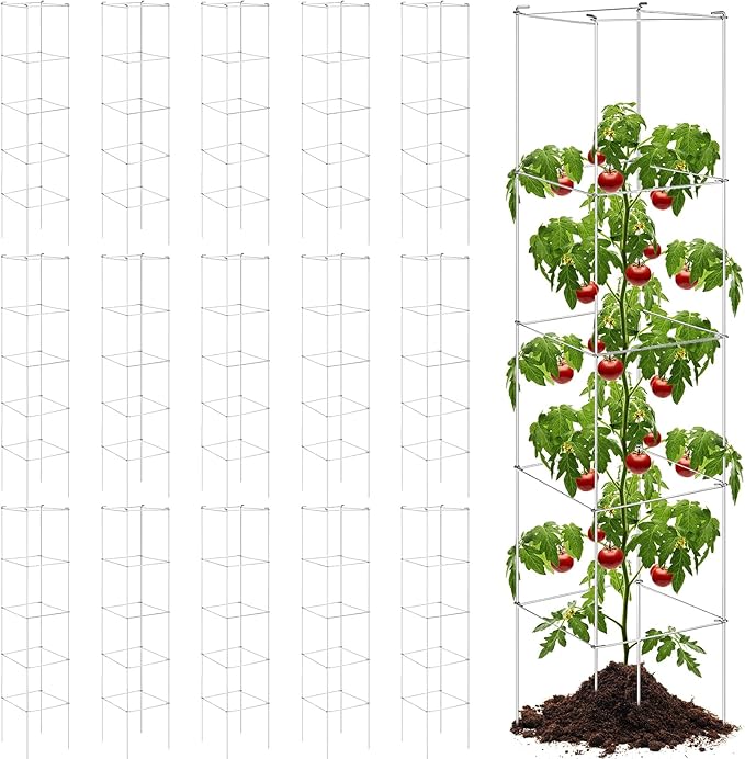 Hicarer 16 Pack Square Tomato Cage Heavy Duty Tomato Cages for Garden Vegetable Plant Trellis Stakes Plant Support Stake Tower for Climbing Vegetables Plants Flowers Fruit (11.5 x 56 Inches,Silver)