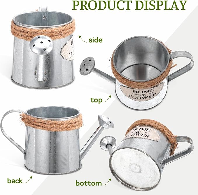 Cabilock 3pcs Rustic Galvanized Metal Vase with Jute Rope Handles - Farmhouse Decorative Flower Pot, Vintage Watering Can Pitcher for Home Decor, Wedding Centerpiece, Tabletop Floral Arrangement