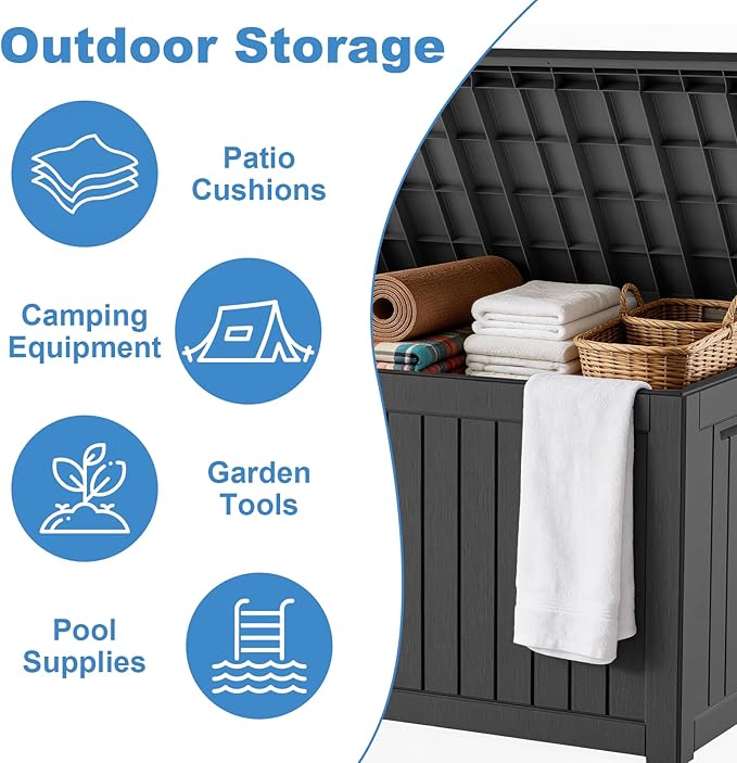 Outdoor Waterproof Resin Storage Deck Box Lockable Outside Bench UV Resistant Bin Patio Porch Furniture Pool Float Garden Tool Cushion (Black, 280 Gallon)