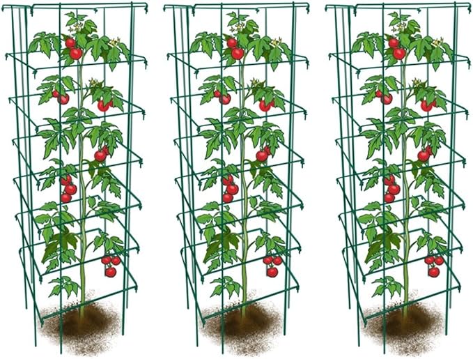 Happy Trees Large Heavy Duty Tomato Cages - Support for Climbing Vegetables and Plants - 18" x 18" x 58" - Thick Gauge Galvanized Steel, Collapsible Easy Storage, 3-Pack, Made in USA