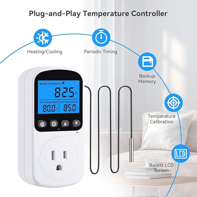 INKBIRDPLUS Temperature Controller Outlet, Smart Heating Cooling Control with 4 Timing Modes, Backlit LCD, Calibration, Ideal for Reptile, Incubation, Aquarium, Home Brewing (TC+CD)