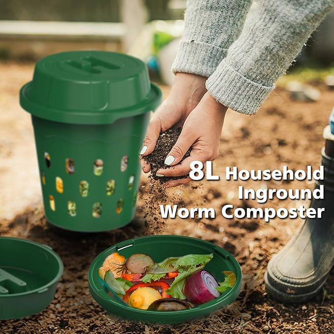 Warm Farm, 4-Pack 8L (2.11Gal) Inground Worm Composter, Outdoor Worm Compost Bin for Garden Beds & Home Use, Vermicomposting Bin for Beginners (9.5x9.5x10.8Inch), Green