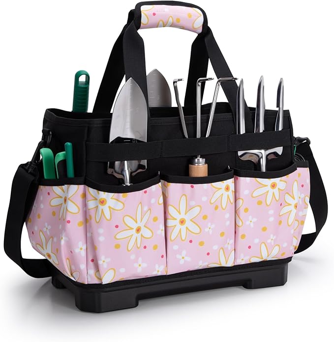 Garden Tool Bag with Hard Bottom, Garden Tote with Shoulder Strap and Multiple Pockets (No Accessories Included), Pink Sunflower