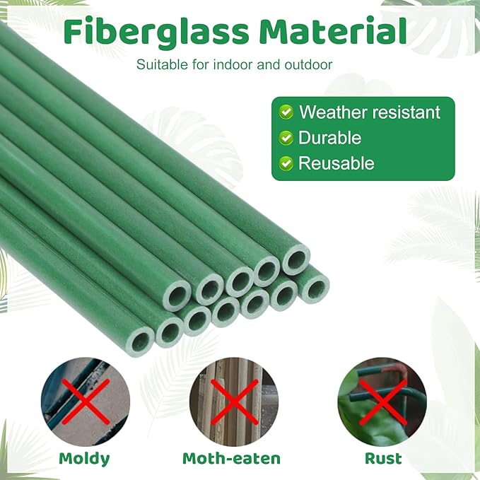 12inch Plant Stakes, 16Pcs Adjustable Plant Support Stake Plant Sticks for Indoor Outdoor Green Poles with Rings Clips & Ties for Potted Plants Monstera Tomato Orchid Flower