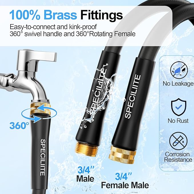 SPECILITE 3/4" Hot/Cold Garden Hose 25 ft with Industrial High Pressure Nozzle, Flexible & Lightweight, 600psi Burst Rubber Water hose -50℉-158℉ With 3/4" Brass Fittings for Yard, Black