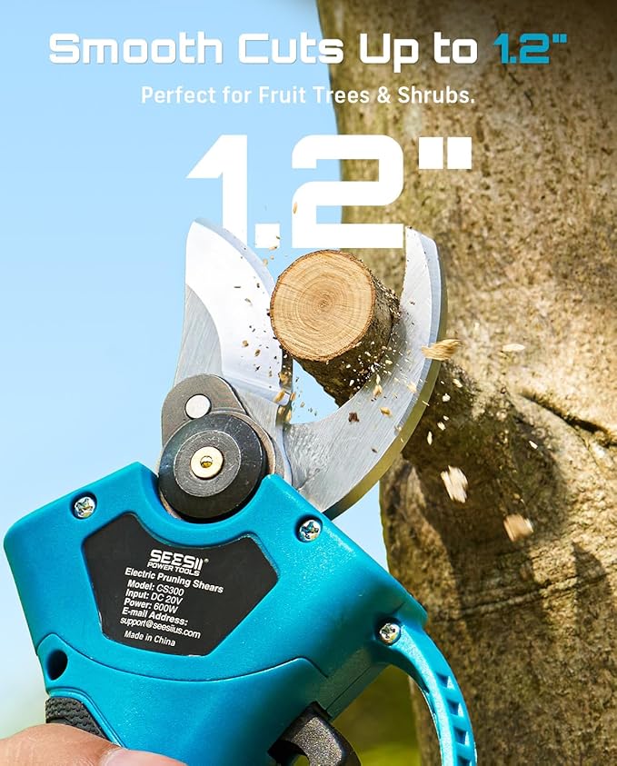 SEESII Electric Pruning Shears for Garden: 1.2" Cutting Diameter Cordless Power Pruner, 2*2000mAh Batteries, Brushless Motor, Extra SK5 Blade, 2 Modes Battery Powered Branch Cutter for Tree Trimming