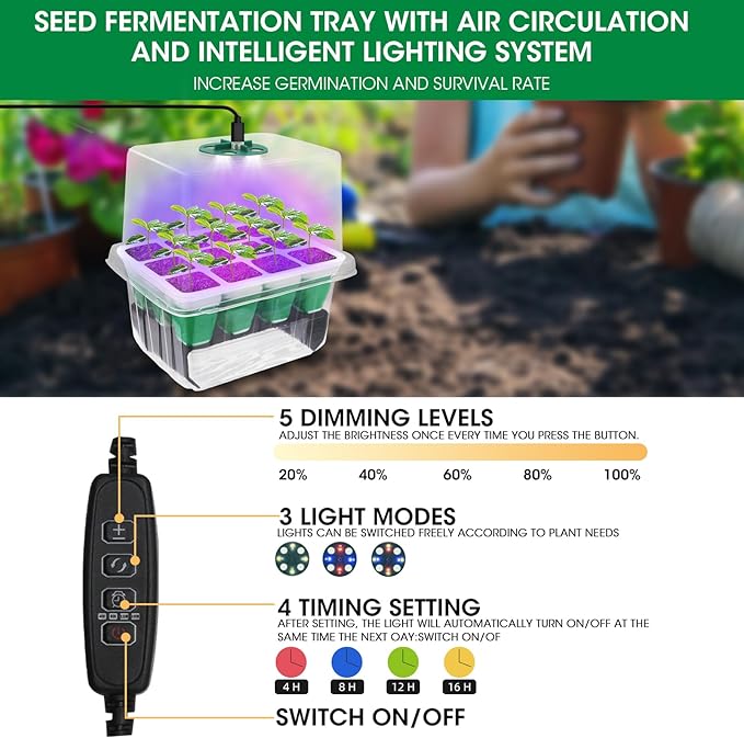 Seed Starter Tray with Grow Light,5 Pack 60 Cells Seedling Tray Kit Reusable & Dishwasher Safe for Starting Vegetable, Flower & Herb Seeds Indoor Grow Kit for Deep-Rooted Seedlings