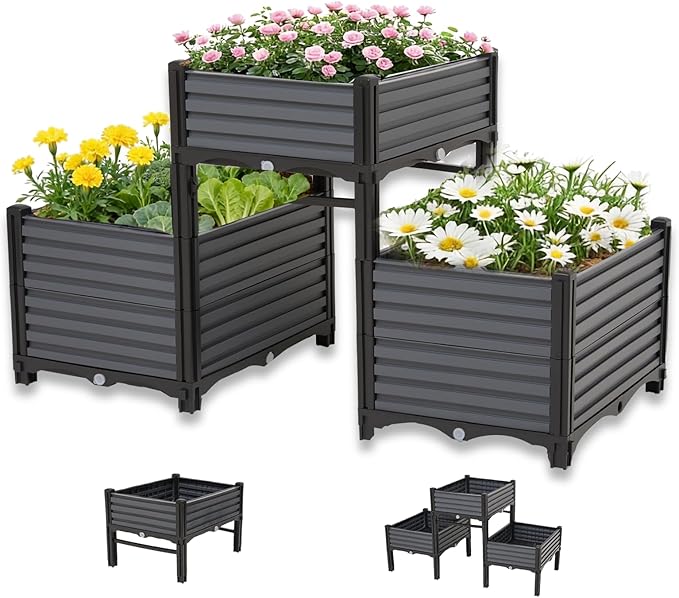3PCS Raised Garden Beds Outdoor with Legs Planter Box, 47x20x21in Reinforced Support Rods, Drainage Grid, Multi-Combination Options for Vegetables, Flowers, Herbs, Ideal for Balcony, Patio Gardening