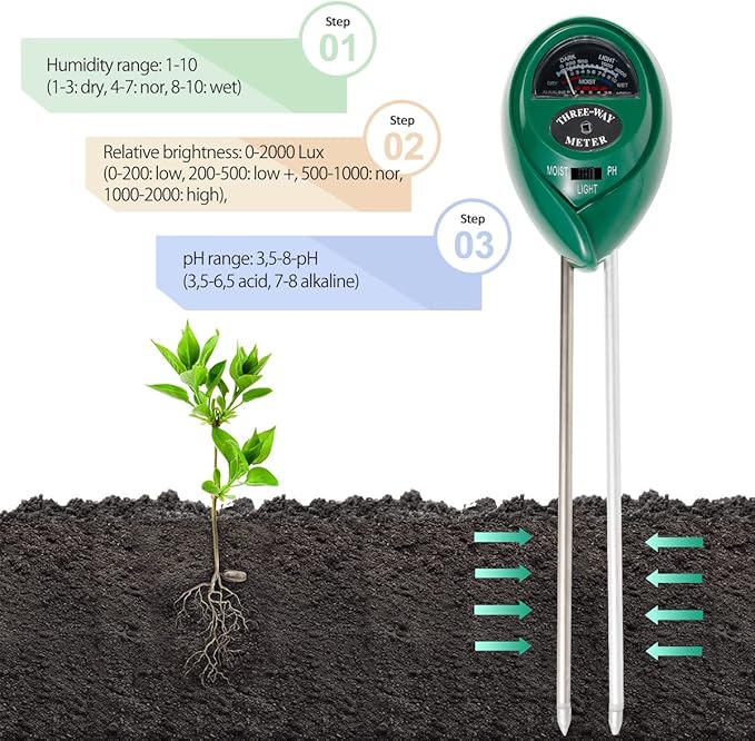 Soil pH Meter 3-in-1 Soil Tester Moisture, Light, pH, Meter Tool for Garden, Farm, Plant, Outdoor, Indoor, Lawn Care, Water Soil, Soil Hygrometer Sensor for Gardening, Test Kit for Garden