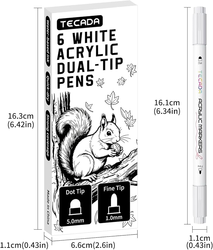 6 White Acrylic Paint Markers, Dual-Tip Acrylic Paint Pen for Rock, Fabric, Wood, Plastic, Canvas, Ceramic, Glass, Metal, DIY Crafts Art Supplies, Dot and Fine Tips