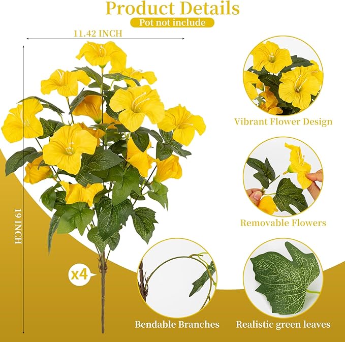 19 Inch Artificial Fake Flowers for Outdoor,4 Pcs Yellow Faux Silk Petunias Spring Flowers for Outside for Indoor Porch Planter Front Door Garden Patio Window Box Home Decor