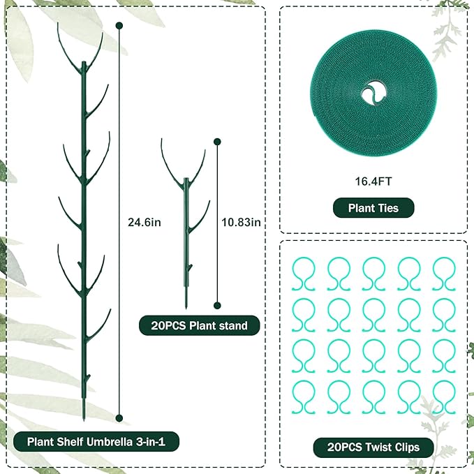20Pack Monstera Plant Support Stakes, Stackable Plant Support Stakes in Bulk, with 20 Twist Clips & 16.4FT Plant Ties, Plant Stakes for Outdoor Indoor Potted Plants Reusable Climbing Plant Support