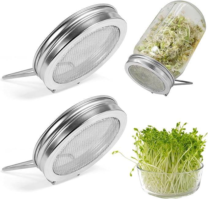 Sprouting Lids 2Pack Sprouting Lids for Wide Mouth Mason Jars with Stainless Steel Sprouter Lids & Stand for Broccoli, Alfalfa, Mung Bean Plant Germination Kits