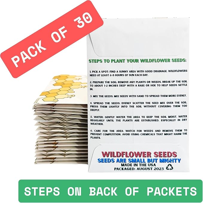 Wildflower Seed Packets Bee Kind Party Favors (Pack of 30) - Bee Friendly & Pollinator Wildflower Seed for Planting Gardening (Feed The Bees)