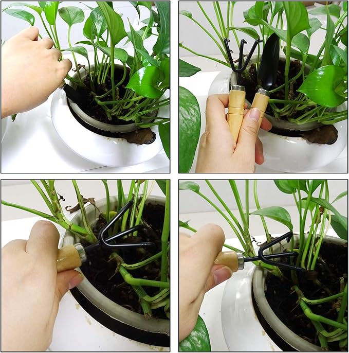 Honbay 5PCS Mini Garden Tool Hand Planting Tools Small Shovel Rake Spade with Wood Handle Plastic Dig Seedling Tool Hole Puncher for Pot Planting Transplanting and Digging