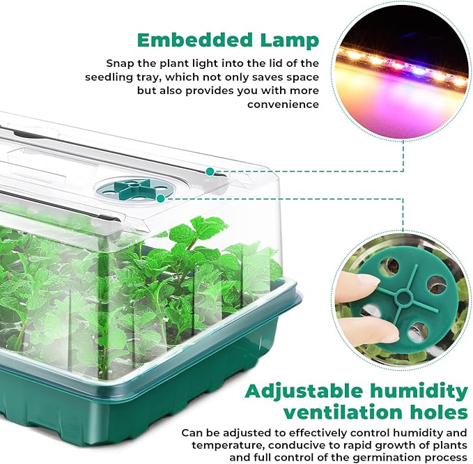 Seed Starter Tray with Grow Light, 2-set Flexible Silicone Seedling Starter Kit, 96-Cell Seed Growing Tray, Seed Starting Trays Plant Starter Kit, Reusable Indoor Gardening Plant Germination Trays