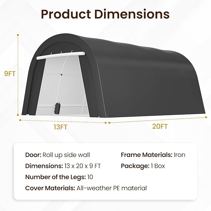 Domed Carport with 4 Cloth Bags, Portable Garage with 2 Roll-up Doors, Heavy Duty Car Canopy Party Tent, All-Season Storage Shelter Shed for Cars, Truck, or Garden Tools, 13' x 20'