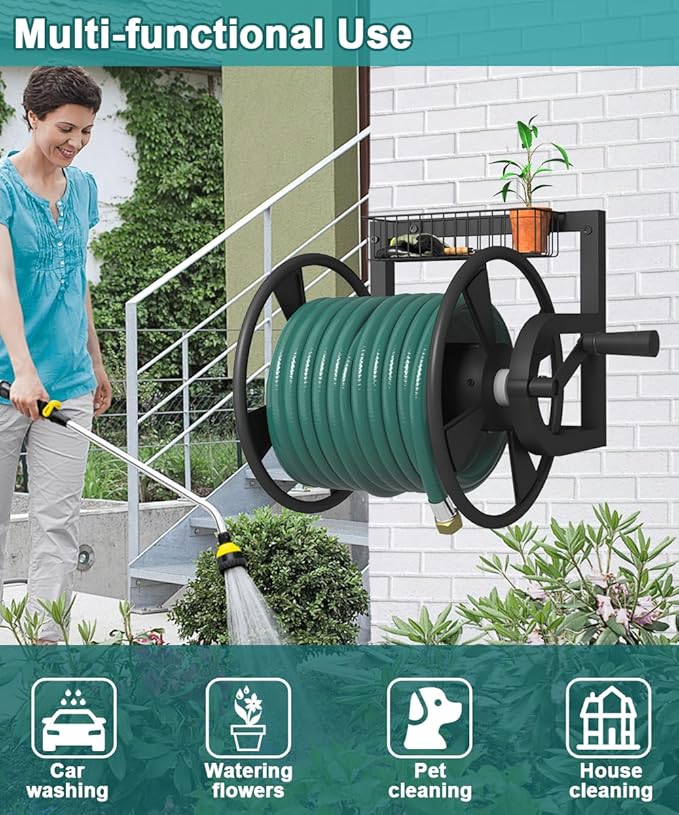Garden Wall Mounted Hose Reel, Outdoor Heavy-Duty Water Hose Holder Winder, Holds 125 Feet of 5/8-Inch Hose, with 3.9 ft Leader Hose, Brass Fitting and Storage Basket for Yard, Black