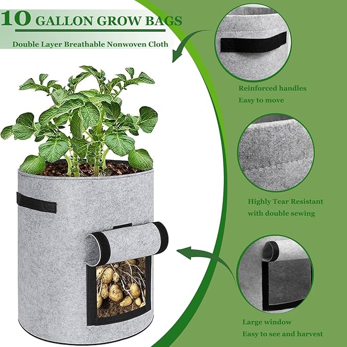 2-Pack 10 Gallon Potato Grow Bags, with Flap and Handle, Planter Bags for Vegetables, Fabric Plant Pots for Potatoes, Tomato, Vegetables, Gardening Bag