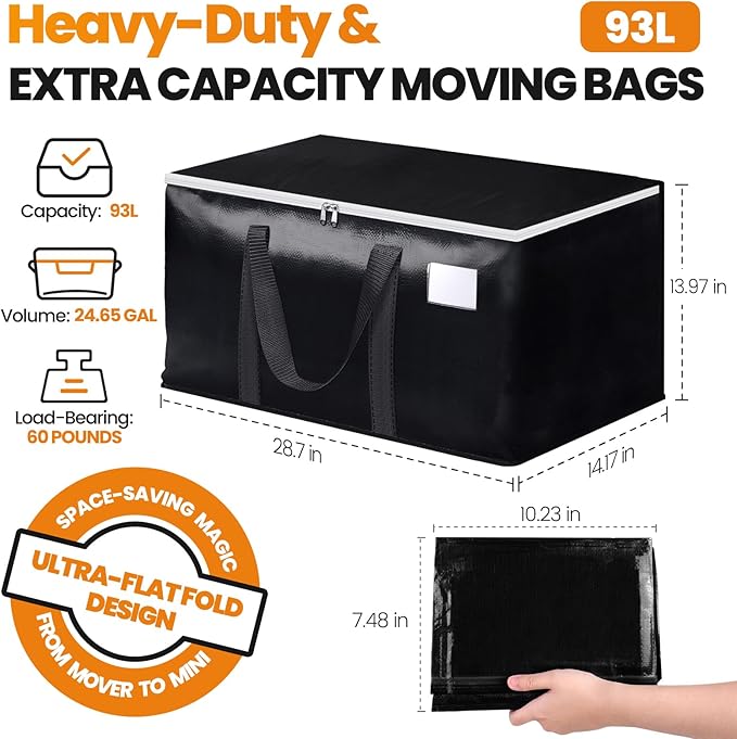 Heavy-Duty & Extra Capacity Moving Bags with Backpack Straps, Storage Totes with Double Zipper & Strong Handles, Packing Bags Alternative to Moving Boxes, Moving Supplies (8 Pack, Black)