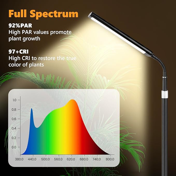 Grow Light for Indoor Plants, Full Spectrum LED Grow Light with Stand, Auto On/Off Timer, Height Adjustable Floor Plant Lamp with Gooseneck, 10-Level Dimmable Light for Small Tall Houseplants