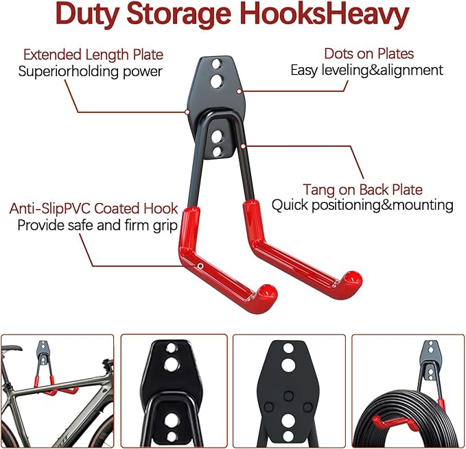 3-H Garage Wall Hooks Heavy Duty 8 Pack, Anti-Slip Steel Wall Mount Storage Hooks for Hanging Ladder Garden Yard Tools, Utility Organizer for Garage Lawn Shed(Red)