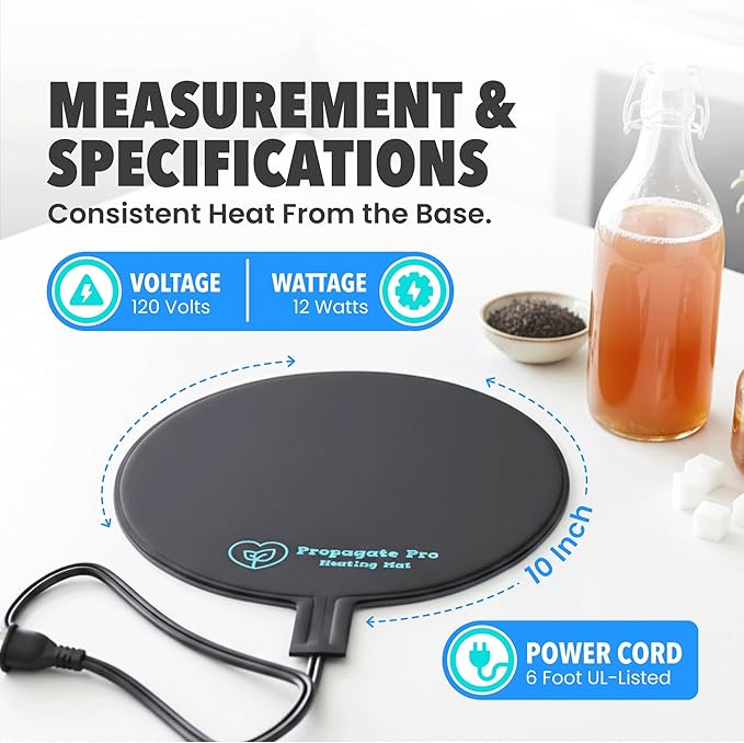 Brewing & Fermentation Heat Pad - 10" 12 Watts Sourdough Starter Warmer Mat, Beer & Wine Fermenting - Heating Mat for Kombucha Jar, Carboy, Glass Jar, Bucket, Fermentors with Heater Temp Strip (Black)