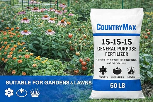 CountryMax 15-15-15 All Purpose Fertilizer, 50 lb Bag, Balanced Nutrition for Flowers & Vegetable Beds, Raised Gardens, Lawns & Grass, Supports Soil Health and Consistent Growth