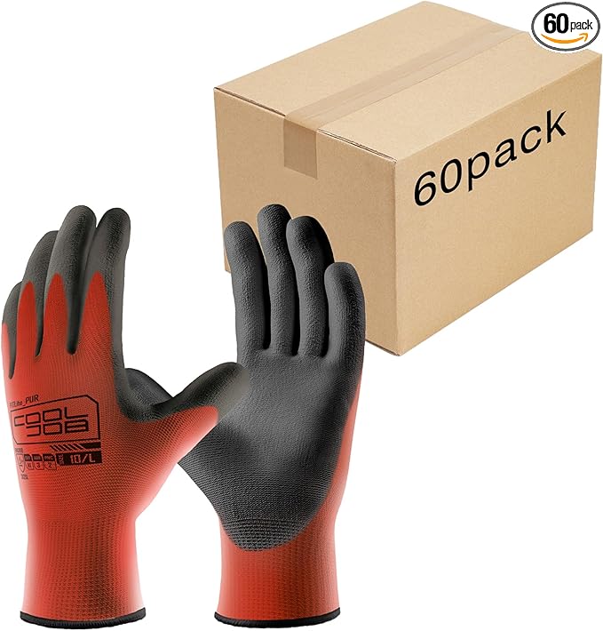 COOLJOB 60 Pairs Safety Work Gloves Pack Bulk with Grip PU Coating, 13 Gauge Seamless Knit Gloves with Polyurethane Dipped for Warehouse Working, Breathable Lightweight for Men Women, Red Medium