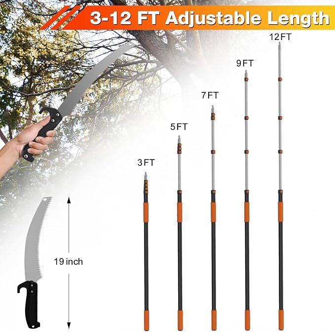 AgiiMan 18FT Reach Pole Saws for Tree Trimming, Pole Saw with 3-12FT Telescoping Extension Pole, Pruning Saw with 19" 3X Detachable Saw, Non-Slip Handle, Tree Trimmer for Garden Palms Shrubs