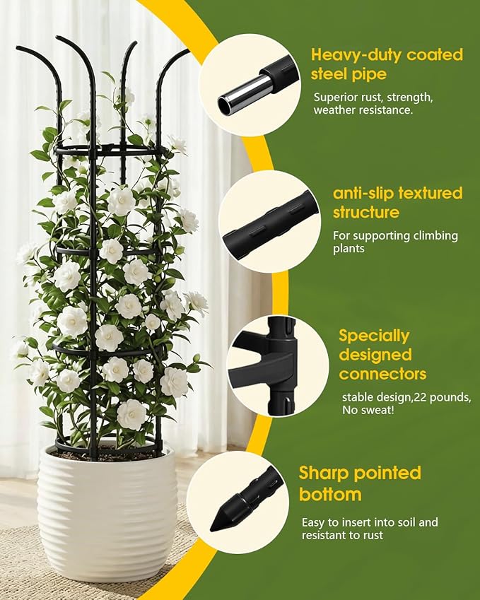 Joyhalo 2 Pack Trellis for Climbing Plants Outdoor, 6.2ft High Adjustable Garden Trellis for Flowers, Black Plastic Coated Steel Plant Stakes Use As Tomato Cage