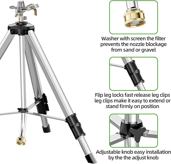 SPECILITE Brass Impact Sprinkler on Tripod Base, 2 Packs, 36” Heavy Duty Metal Pulsating Telescoping, 360 Degree Irrigation for Large Area, Yard, Lawn, Waters up to 70ft, Covering up to 5660sqft