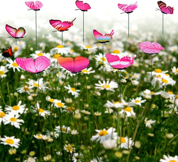12pcs Decorative Butterfly Plant Stakes, 9.8in Lifelike Butterfly Garden Stakes PVC Waterproof Flower Pot Decorations for Garden Lawn Patio Indoor Outdoor Yard Planter Art Decor (Pink)