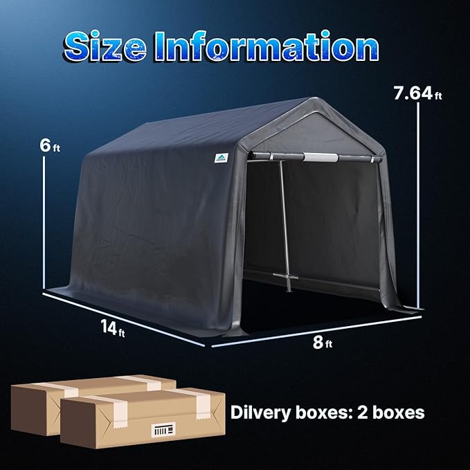 ADVANCE OUTDOOR 8x14 ft Steel Metal Peak Roof Portable Garage Shelter Storage Shed Carport for Motorcycle, Bike or Garden Tools with 2 Roll up Doors & Vents, Gray