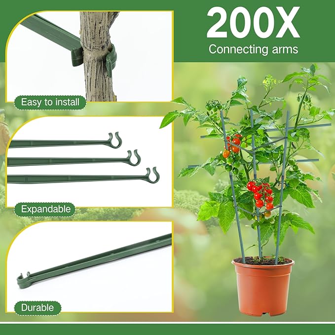 Geelin 200pcs Stake Arms for Tomato Cage Expandable Trellis Connectors for Tomato Cage Attach Plant Stakes Climbing Plants Garden Plants Vegetables (11.81in)