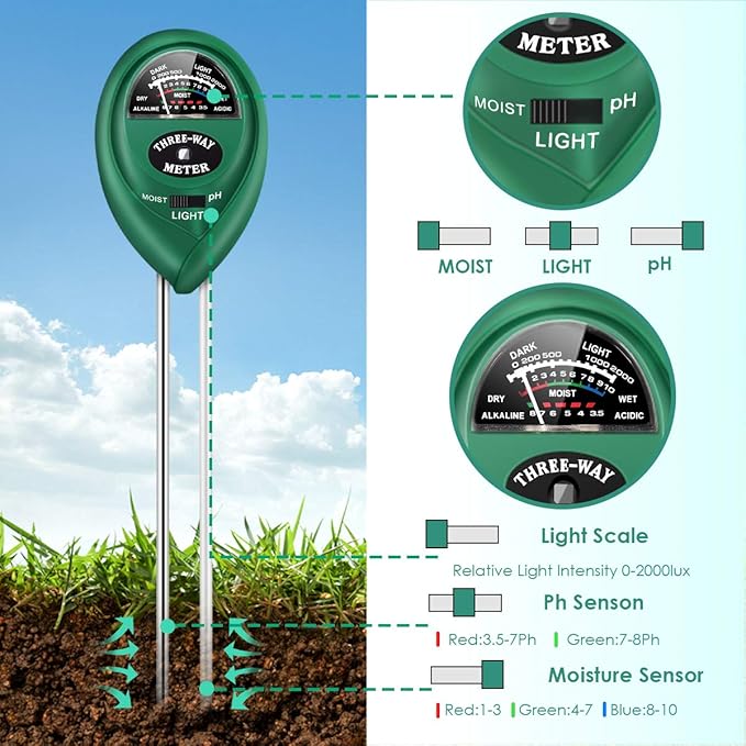 Soil PH Meter, 3-in-1 Plant Moisture/PH/Sunlight Tester Gardening Tool Testing Kits for Garden Care, Water Meter Garden, Lawn, Farm, Indoor&Outdoor Plants,No Batteries Required, Green
