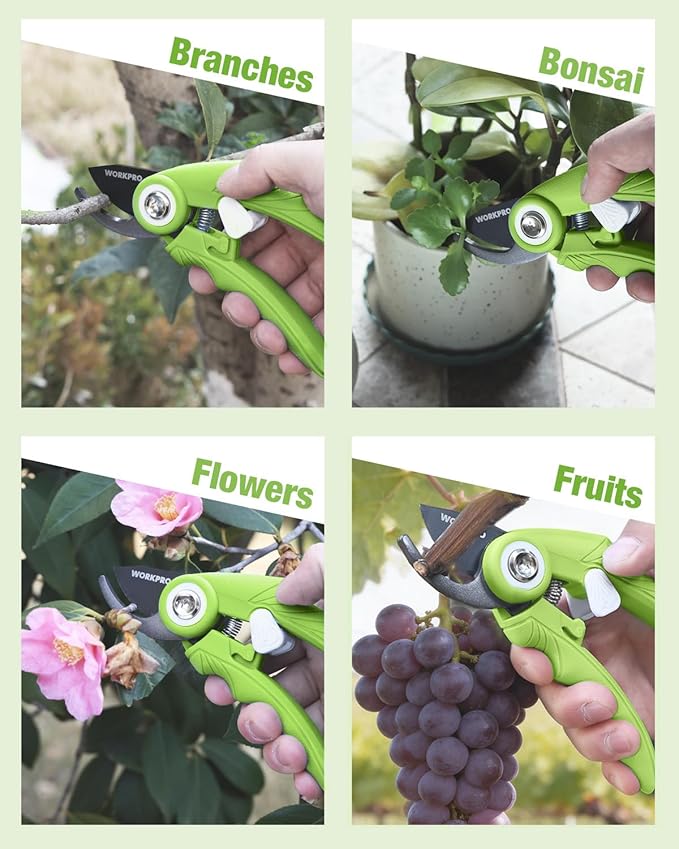 WORKPRO 6.9" Bypass Pruning Shears, Gardening Scissors with Sharp SK5 Steel Blade, Handheld Garden Floral Clippers for Rose, Plants, Flowers, Fruits Trees, Gardening Gifts for Women & Men, Green