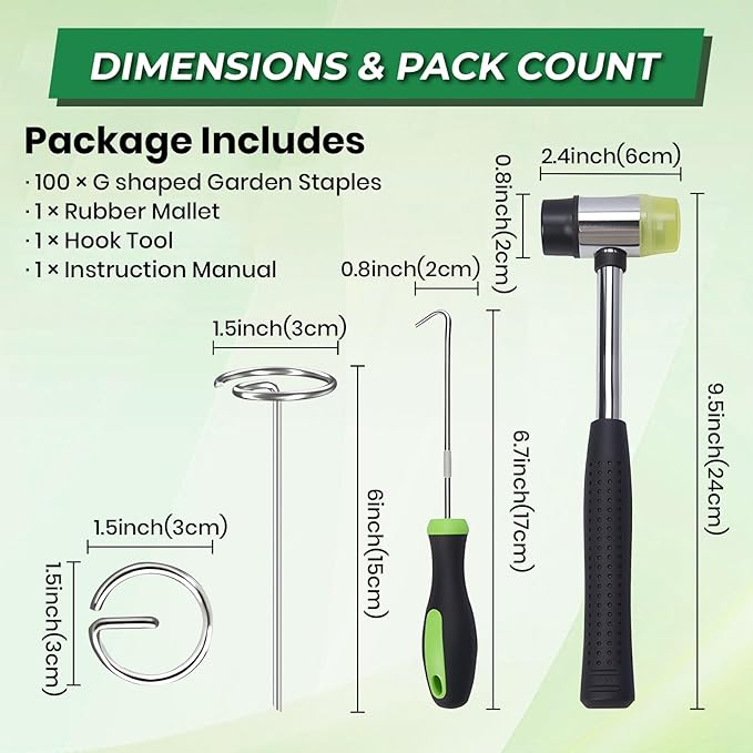 100pcs Landscape Fabric Pins, Heavy Duty Galvanized Landscape Staples Weed Barrier Stakes Lawn Staples with Staples Remover Mallet Yard Stakes Staples for Lawn Edging Ground Cover Outdoor Gardening