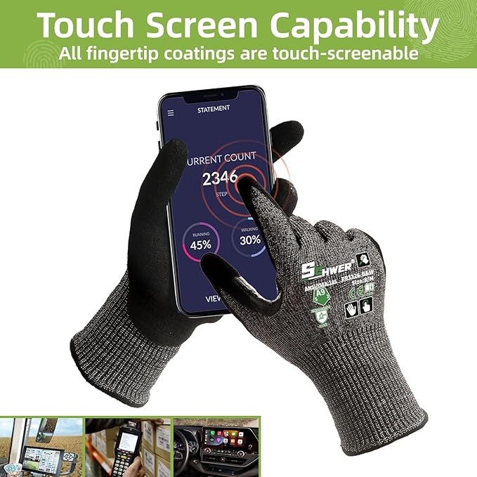 Schwer 12 Pairs ProGuard High Level Cut Resistant Work Gloves PR3326 for Extreme Protection，ANSI A9 Cut Gloves with Reinforced Thumb, Non Slip, Breathable, Durable, Touch-screen, Black (L