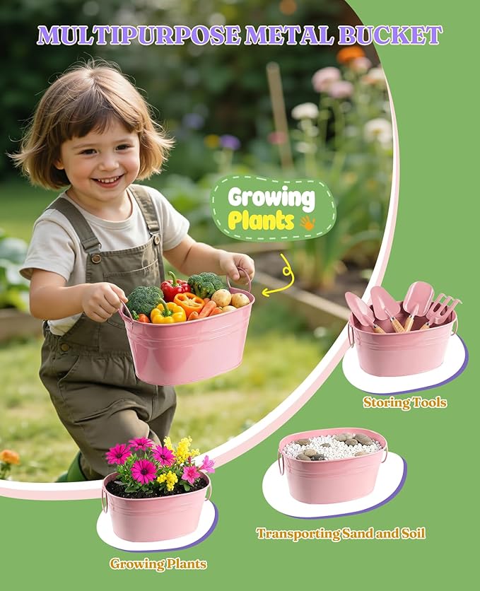 8Pcs Kids Gardening Set with Metal Basket & Real Metal Tools, STEM Outdoor Exploration Kit, Ergonomic Wooden Handles, 3 Shovels, Rake, Watering Can, Gloves, Toy Gift for Toddler Boys Girls