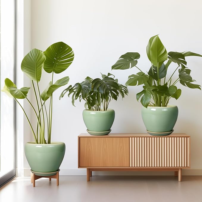 Ceramic Pots for Plants - 10/8/6 Inch Flowers Planters with Drainage Holes and Saucers for Indoor Outdoor, Decorative Modern Home House Office Room Decor, Set of 3, Green