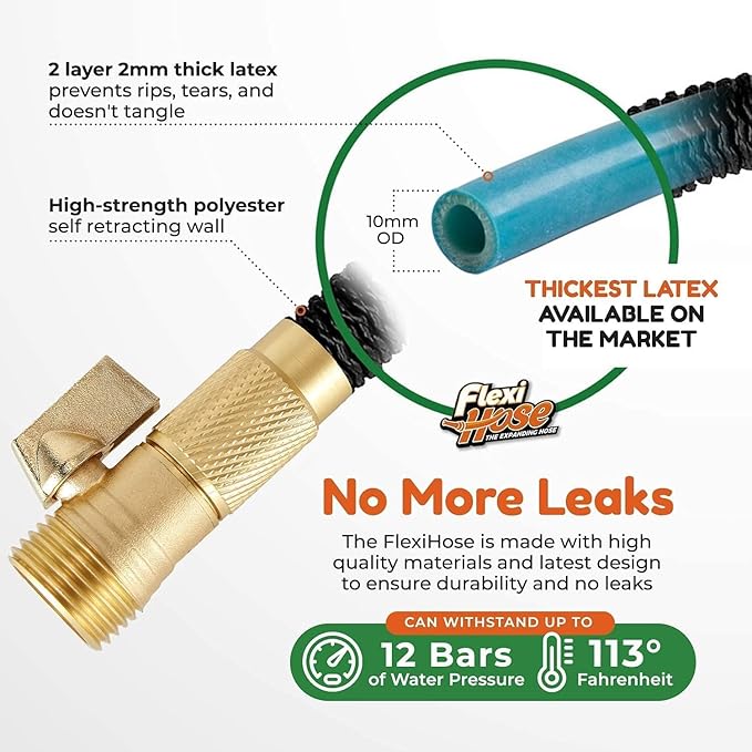 Flexi Hose Plus Expandable Garden Hose with 8 Function Nozzle, 100FT - Lightweight Retractable Garden Hose, Water Hose - No-Kink Flexibility, 3/4 Inch Solid Brass Fittings Includes Hook & Bag