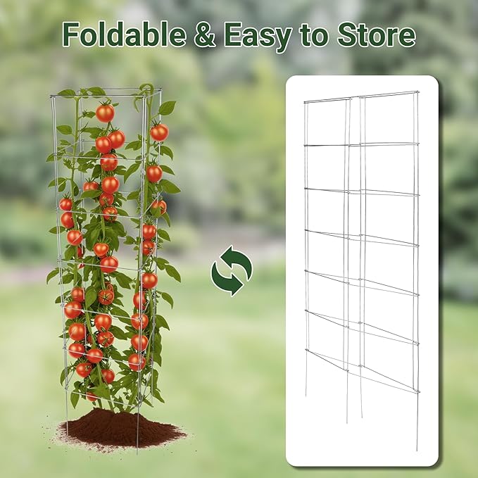 Metal Foldable Tomato Cages 13" x 56", Square Tomato Cages Plant Support for Vegetable Garden, Heavy Duty Tall Tomato Cages for Beans, Tomatos, Cucumbers - 2 Pack