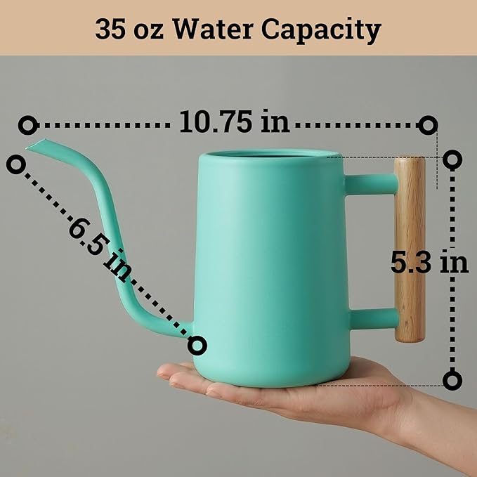 35 oz Metal Small Indoor Watering Can with Long Spout & Real Wood Handle for House Plants, Succulents, Cacti & Seedlings - Green Long Spout Watering Can Indoor Plants - Stylish, Gentle Flow, No Spills