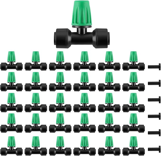 Kalolary 30Pcs Push-to-Fit Drip Irrigation Spray Emitters for 1/4" Tubing,Three-Way Adjustable Atomizing Nozzle Micro Irrigation Dripper Sprinklers with 6PCS End Plugs for Irrigation System(Green)