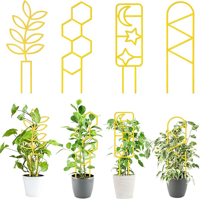 4 Pcs Indoor Plant Trellis for Climbing Plants, Small Trellis for Potted Plants, Garden Metal Trellis Plant Support Trellis with Different Patterns for Vine Ivy Flower (Unique,Gold)
