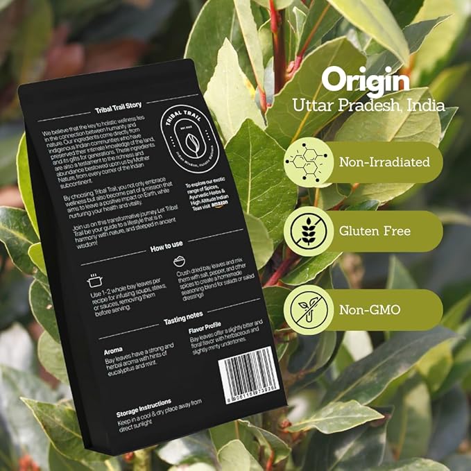 Tribal Trail Organic Bay Leaves Whole | 0.71 oz | USDA Organic & Non-GMO | Ethically Sourced Spices from North India | Recyclable Kraft Bags | Best for Cooking, Seasoning & Infusions