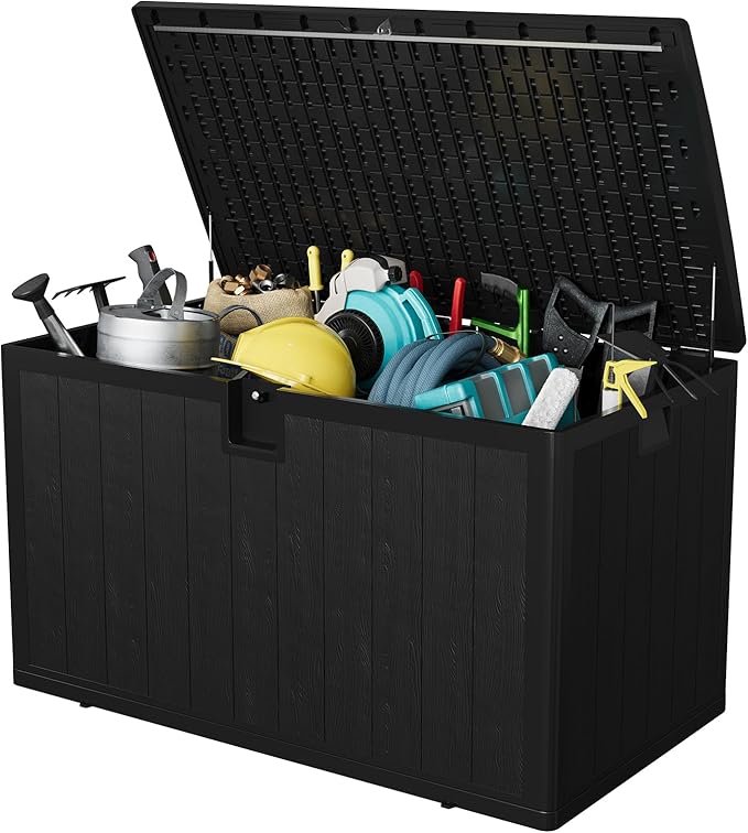 GarveeLife 130 Gallon Outdoor Storage Box, Large Resin Deck Box with Hydraulic Air Rod, Weatherproof & Lockable Outdoor Storage Bin for Patio Cushions, Garden Tools, Pool Supplies, Porch, Black
